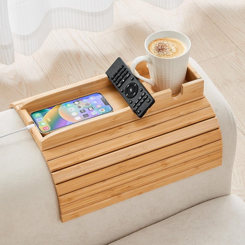 GEHE Bamboo Couch Cup Holder, Anti-Spill Sofa Arm Tray, Natural and Easy to Clean Couch Arm Cup Holder Armrest Tray Perfect for Cups, Beers, Snacks, Remote Control, Drinks - Image 1